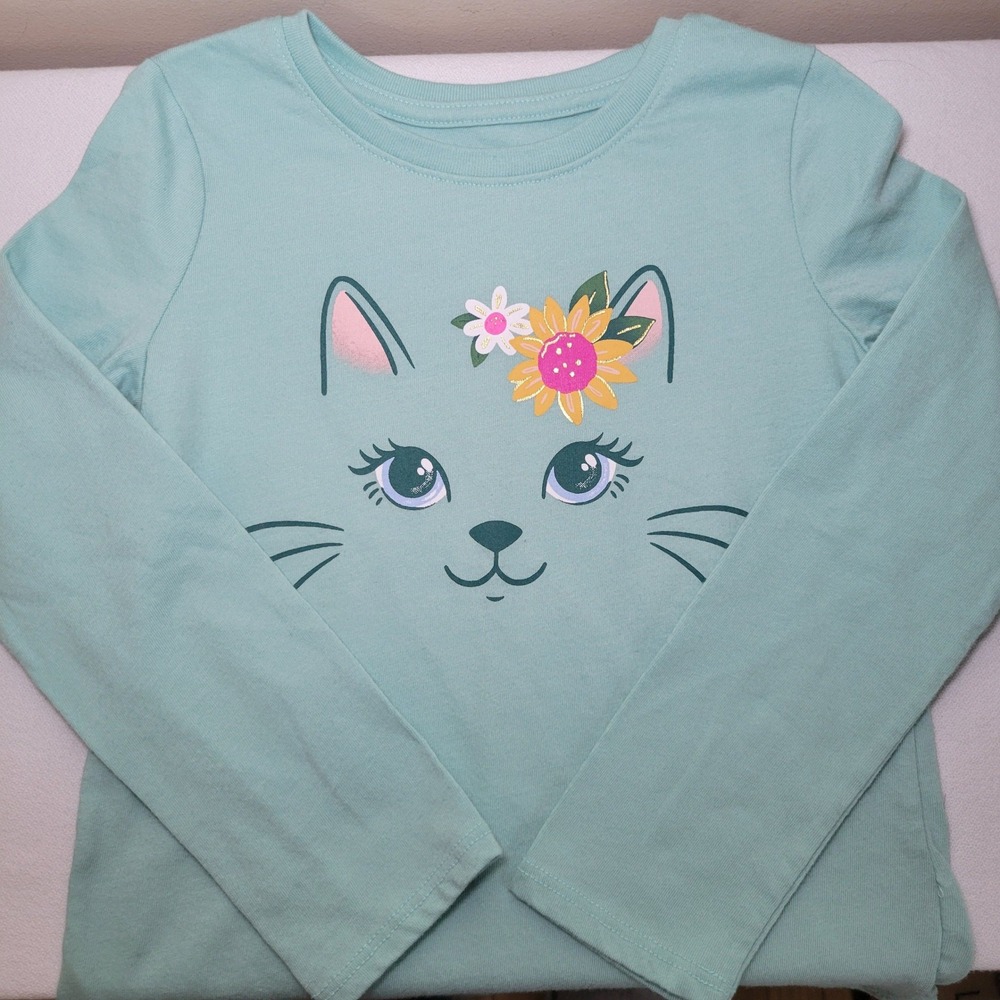 Jumping Beans Girls Mint Green‎ Cat Face Floral Long Sleeve Softest Tee Size 5